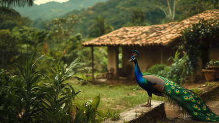 Naklejka premium Um pavão majestoso e ao fundo uma casa de fazenda 