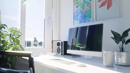 Minimalist and modern home office workspace setup with computer monitor decorative plants and minimal accessories creating a productive and visually appealing work environment
