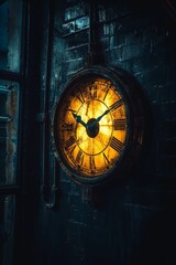Glowing antique clock, dark wall, aged texture.