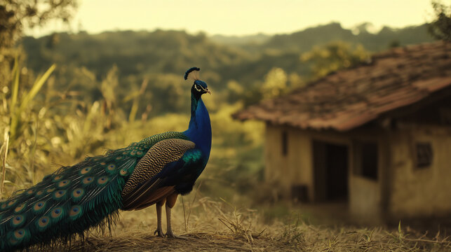 Um pav&atilde;o majestoso e ao fundo uma casa de fazenda 