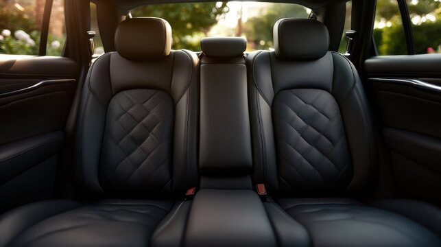 This image features a stylish and luxurious interior of a car, showcasing plush black leather rear seats with elegant stitching, exuding comfort and sophistication.