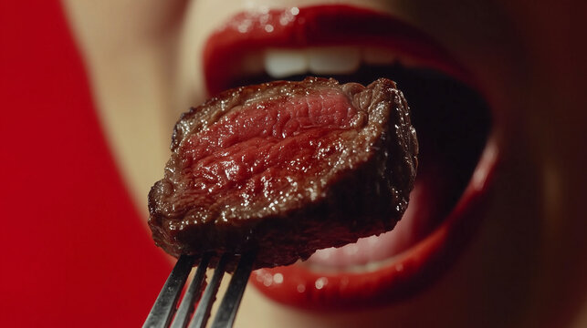 Close up de um peda&ccedil;o de fil&eacute; suculento em um garfo prestes a ser comido por uma boca feminina com batom vermelho