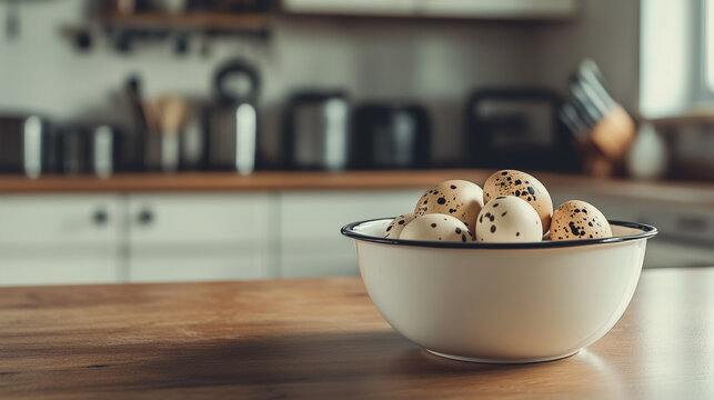 Uma tigela branca esmaltada com ovos de codorna em uma cozinha bem iluminada