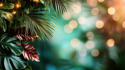 A harmonious composition of tropical leaves accented by golden metallic tones and warm, shimmering lights in the background, invoking a sense of lush elegance and serenity.