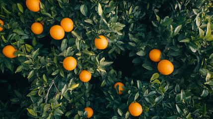 Visão de cima de uma árvore com laranjas maduras prontas para colheita em um pomar