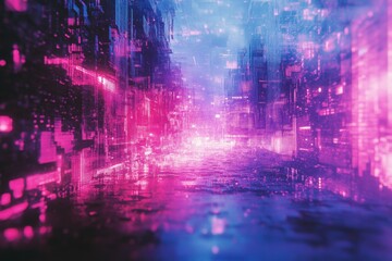 Naklejka premium A blurry image of a cityscape with a blue sky and pink buildings