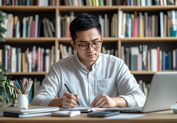 Focused young man studying and writing at desk in library. Bookshelves with colorful books in background. Education and learning concept