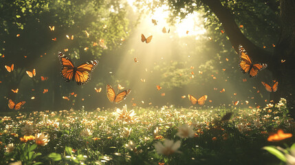 vibrant scene of butterflies fluttering in sunlit meadow filled with flowers