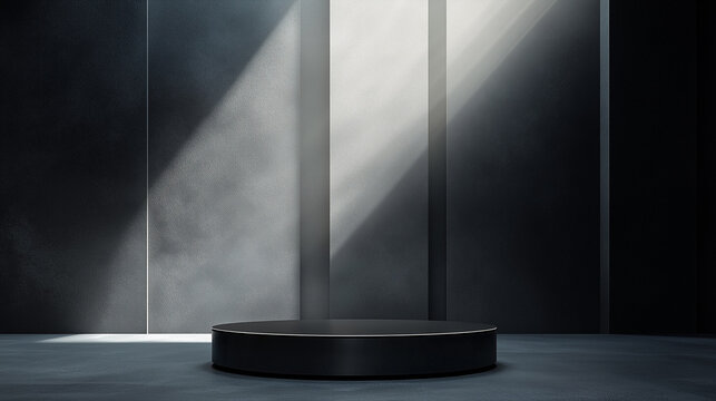 Um pedestal de pedra escura em um cen&aacute;rio com luz natural para fotografia de produtos