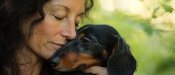 woman with closed eyes holding a dachshund
