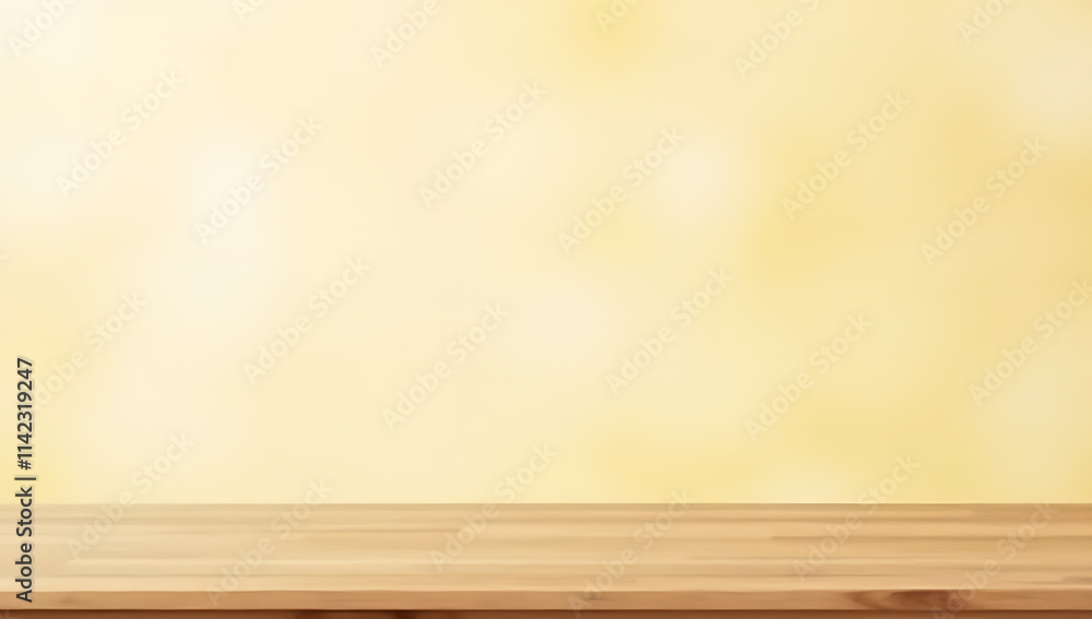 Poster a minimalist wooden table top sits empty on a soft light gold abstract background suitable for produ