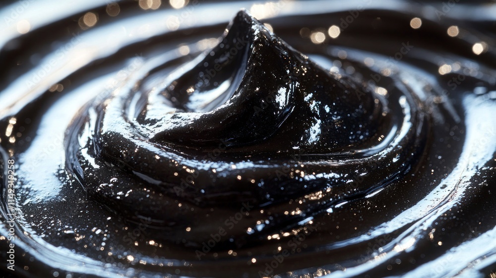 Poster dark, viscous substance swirling in a circular motion, creating a textured peak.