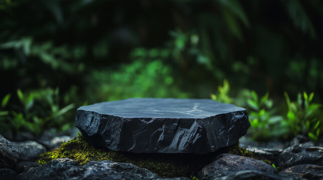 Um pedestal de rocha escura em uma floresta tropical para fotografia de produtos