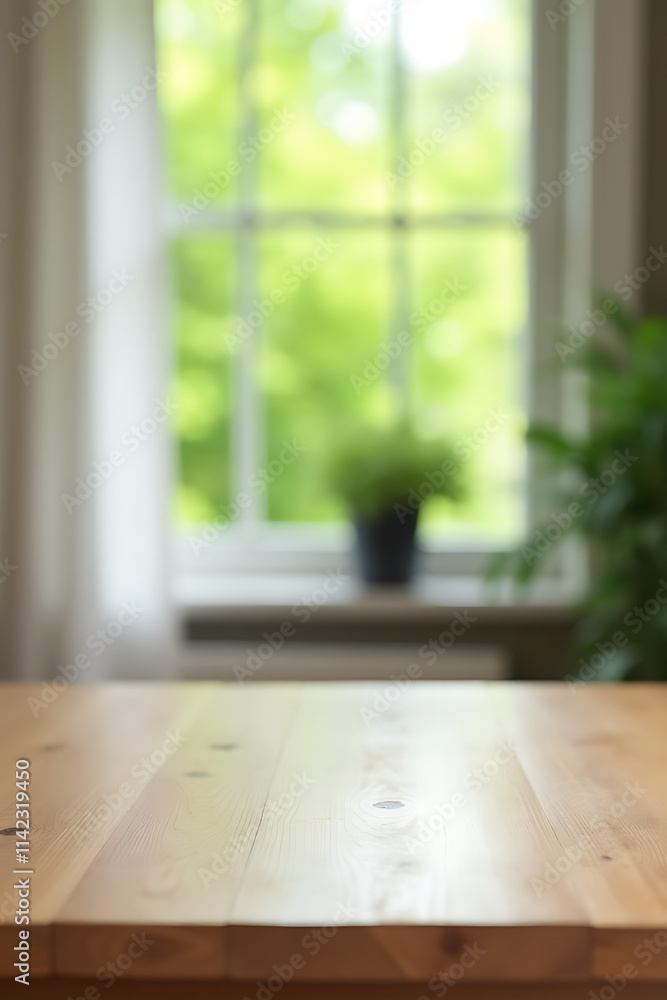 Poster a minimalist wood table top is blurred in the background with a green garden scene through a partial