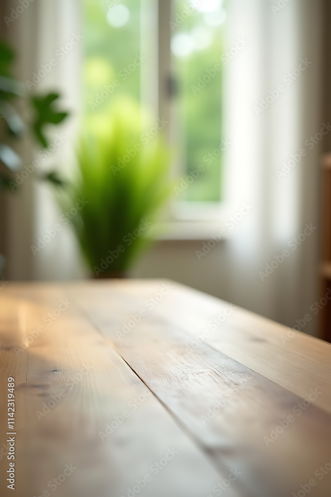Poster a minimalist wood table top is blurred in the background with a green garden scene through a partial
