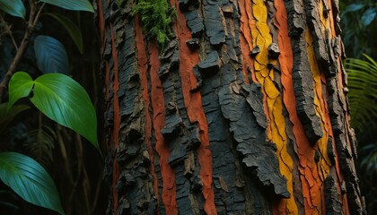 Textured bark with earthy patterns and glowing jungle colors