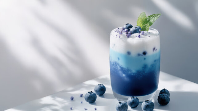 Vivid blue matcha drink with ethereal froth and fresh blueberries on minimalist white surface