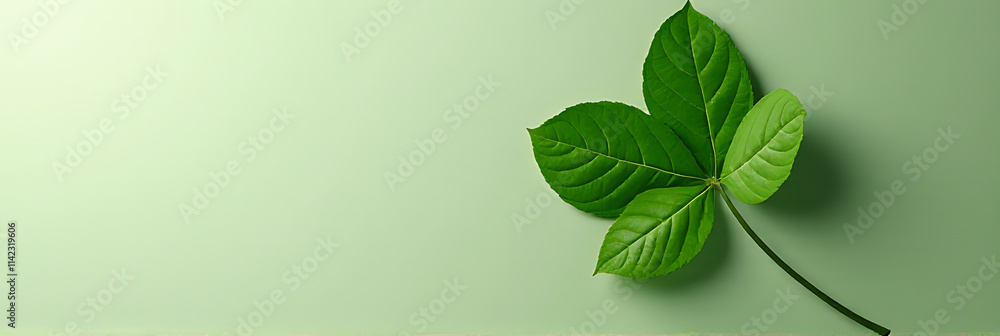 Poster a minimalist flat lay composition featuring a single green leaf as the central focus on a natural ba
