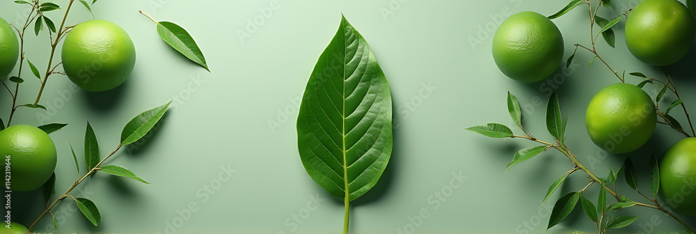 Poster a minimalist flat lay composition featuring a single green leaf as the central focus on a natural ba