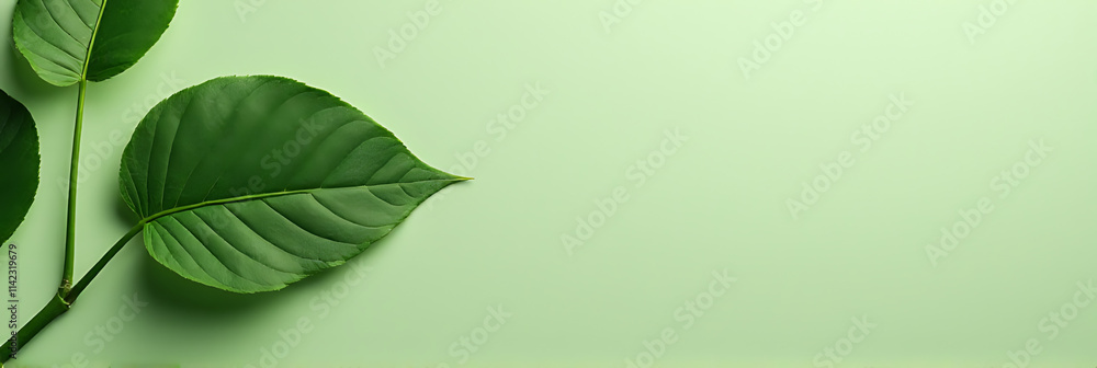 Poster a minimalist flat lay composition featuring a single green leaf as the central focus on a natural ba