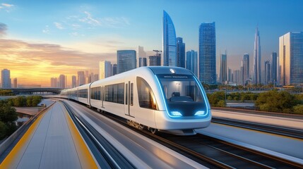 High-speed magnetic levitation train carrying cargo, futuristic freight transport technology.