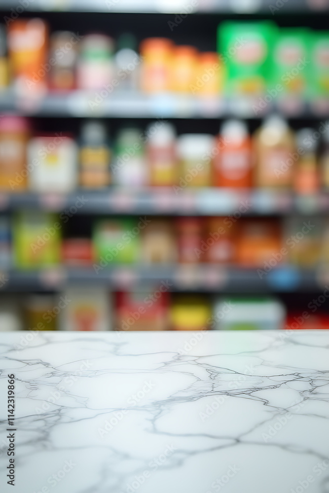 Poster A marble tabletop creates a blurred background with products from a supermarket shelf coming into sharp focus in selective camera framing._00003_
