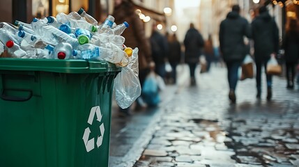 Obraz premium Overflowing Recycling Bin on Busy City Street Highlighting Environmental Awareness.