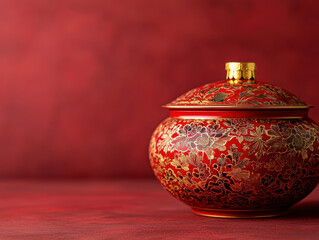 Ornate red and gold decorative jar on vibrant red background