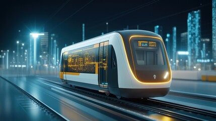 Naklejka premium High-speed magnetic levitation train carrying cargo, futuristic freight transport technology.