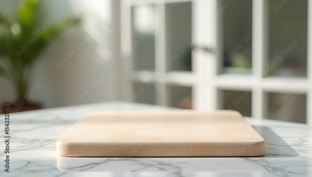 Aufkleber A marble table with a chopping board and blurred glass window in the background is used for product display and design layouts._00003_
