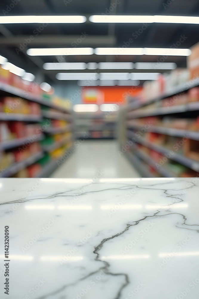 Poster A marble tabletop creates a blurred background with products from a supermarket shelf coming into sharp focus in selective camera framing._00001_