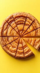 Sliced flan pastry on yellow background.