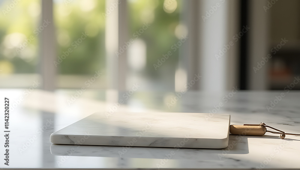 Aufkleber A marble table with a chopping board and blurred glass window in the background is used for product display and design layouts._00001_