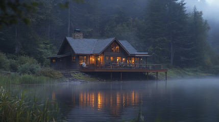 Fototapeta premium cozy riverfront home with wooden deck and mist rising, creating serene atmosphere