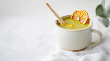 Bright orange matcha with orange zest and dried orange slice in a minimalistic setting