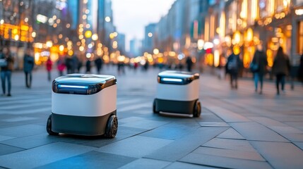 Last-mile electric delivery robots on urban sidewalks, tech-enabled logistics, smart city vision.