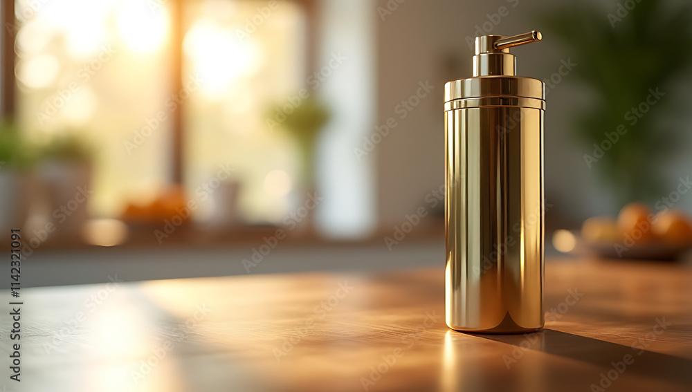 Poster a luxury product is placed on a wooden countertop with an abstract blurred background of sunlight th