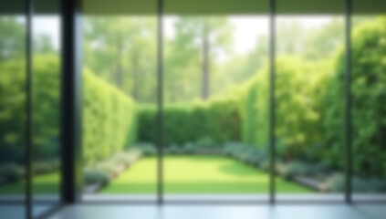 Naklejka premium A large glass wall has a blurred view of an abstract green garden as its background._00001_