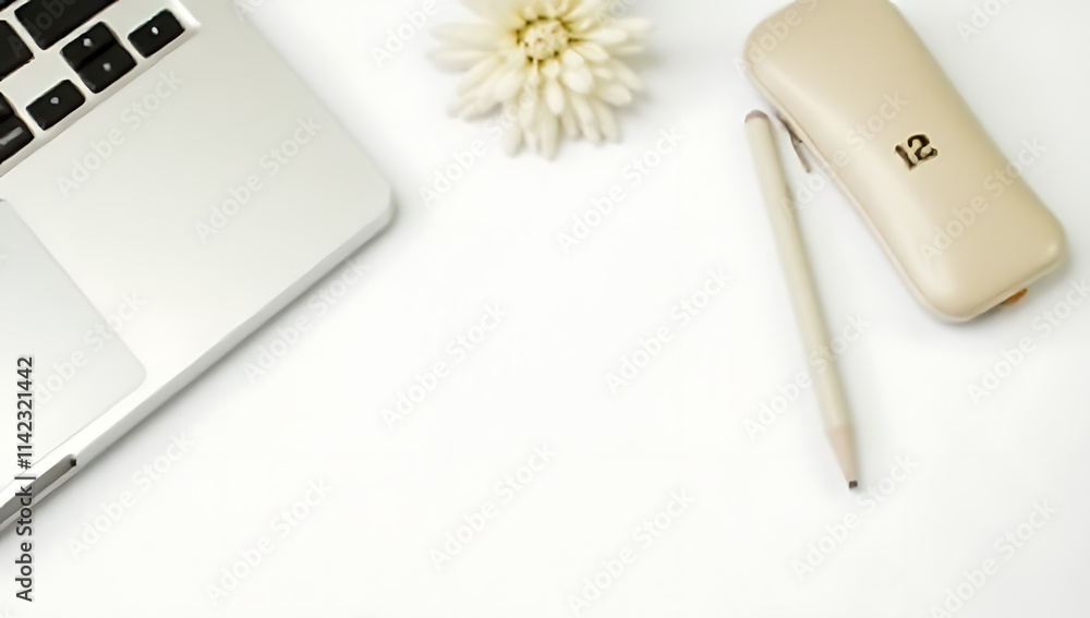 Poster a home office setting features a desk with note paper and a small flower on a clean white background