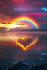 Rainbow arch over water; heart reflection.