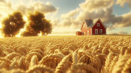 charming farmhouse surrounded by golden wheat fields under sunny sky