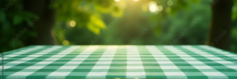 Aufkleber a green checkered tablecloth is viewed from above, set against a blurred abstract background of foli