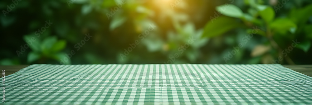 Aufkleber a green checkered tablecloth is viewed from above, set against a blurred abstract background of foli
