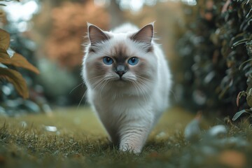 A cat is walking through a field of grass