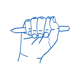Pen or pencil in hand. Doodle vector illustration. Index, middle, ring, little fingers and thumb