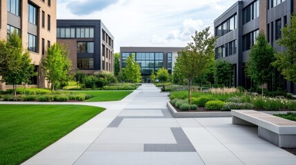 Modern Architectural Design with Green Spaces in Urban Landscape during Sunny Day