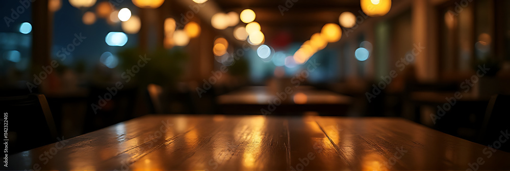 Aufkleber A dimly lit cafe scene features an empty wooden table with a blurred bokeh effect against a darkened background at night._00002_
