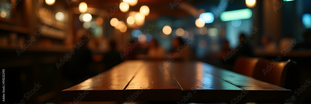 Aufkleber A dimly lit cafe scene features an empty wooden table with a blurred bokeh effect against a darkened background at night._00001_