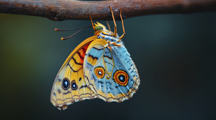 Naklejka premium brightly colored butterfly rests on branch, showcasing its vibrant wings
