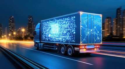 Self-driving logistics trucks with AI routing interface in vibrant urban settings, futuristic freight solutions.